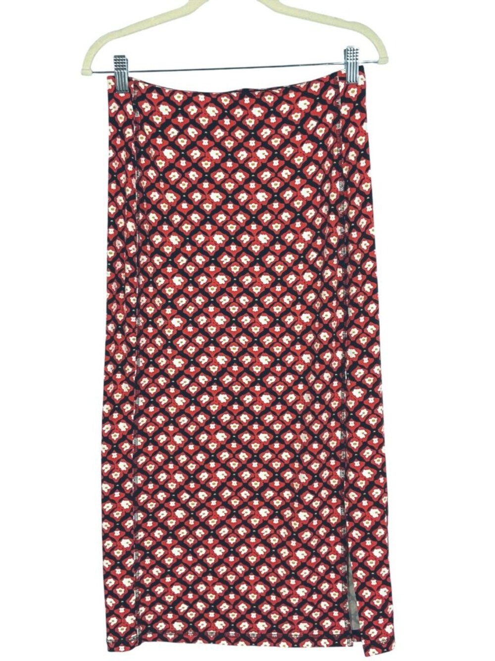 LOFT Red Black Floral Geometric Midi Skirt Pull On Slit Stretch Rayon